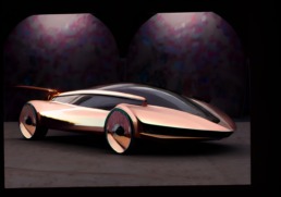 A futuristic rose gold car, the Lana Solarcharger from Maxximillian's ILLI MOTORS Collection, is parked in front of a subcityscape. Its distinctive tail fin is visible from the rear of the vehicle.